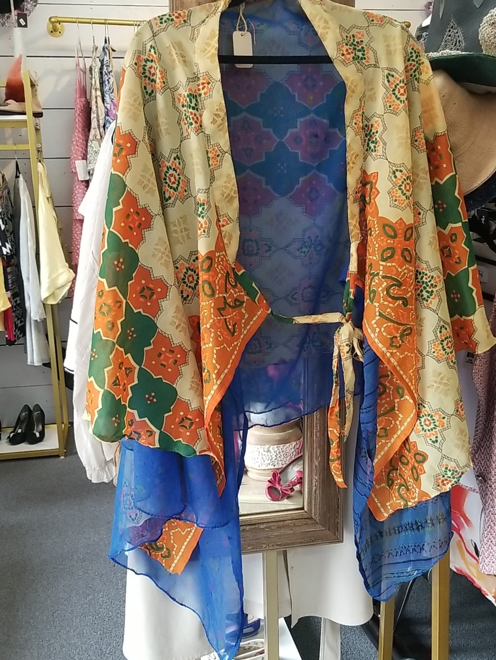 Bohemian Floral Sheer Kimono Wrap - Orange, Green & Blue